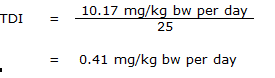 The equation used to calculate the tolerable daily intake (TDI) for ethylbenzene based upon the cancer risk assessment.