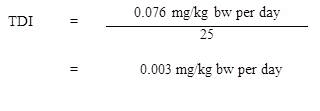 The equation used to calculate the tolerable daily intake (TDI) for PFOA, under the cancer risk assessment.