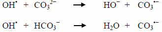 Figure 3 - Deux équations chimiques démontrant comment l'alcalinité piège les radicaux hydroxyles