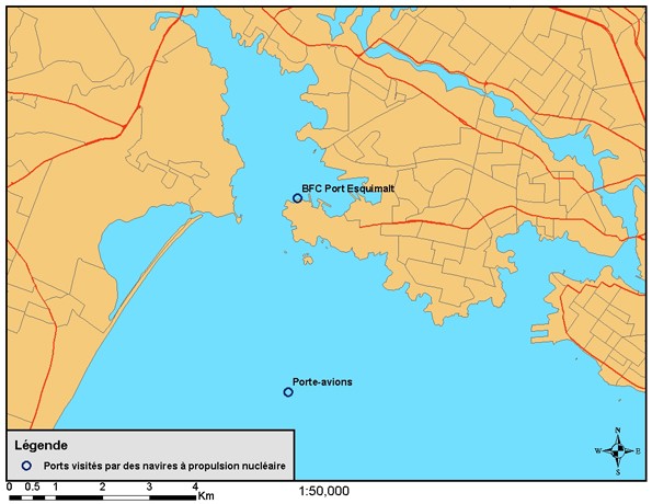 La figure 2.6b montre l'emplacement de la BFC Esquimalt et du site d'ancrage pour les navires à propulsion nucléaire.