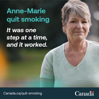 Light haired woman next the title: Anne-Marie quit smoking. It was one step at a time, and it worked.