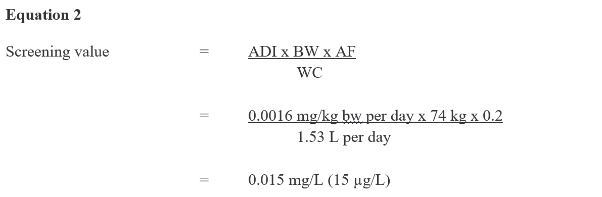 Figure 2. This equation calculates the drinking water screening value for diazinon. The acceptable daily intake for diazinon is multiplied by the median body weight estimated for an adult and by a source allocation factor for drinking water, and then is divided by the estimated daily volume of tap water consumed by an adult. The result is a screening value of 0.015 mg/L (15 µg/L).