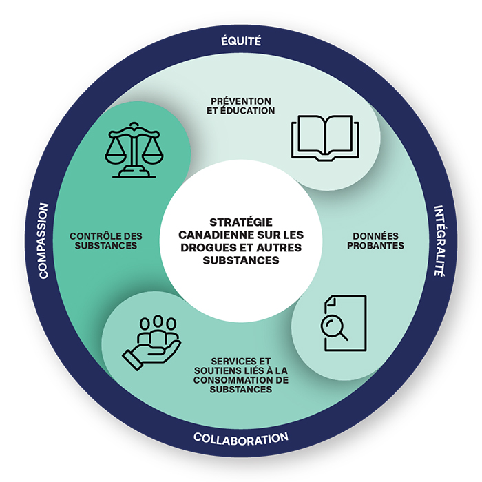 La stratégie canadienne sur les drogues et les autres substances comprend quatre éléments : la prévention et l'éducation, les données probantes, les services et soutiens liés à la consommation de substance et le contrôle des substances. Elle est également équitable, globale, collaborative et compatissante.