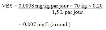 La VBS pour le cadmium dans l'eau potable est de 0,007 mg/L (arrondie). Cette valeur est calculée en multipliant l'AQT de cadmium, soit 0,0008 mg/kg p.c. par jour, par 70 kg, le poids corporel moyen d'un adulte puis par le facteur d'attribution de l'eau potable, 0,2, et en divisant le résultat par 1.5 L/jour, le volume quotidien d'eau consommé par un adulte.