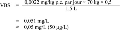 L’équation utilisée pour calculer la valeur basée sur la santé (VBS) pour le chrome(VI) dans l’eau potable.