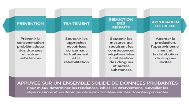 Image de la Stratégie canadienne sur les drogues et autres substances illustrant les quatre piliers de la Stratégie (prévention, traitement, réduction des méfaits et application de la loi) et la base sur laquelle elle repose (un ensemble solide de données probantes).