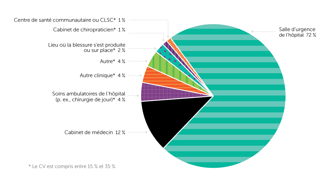Figure 9. Lieu de traitement pour les blessures auto-déclarées résultant d’une chute au cours des 12 derniers mois, population de 65 ans ou plus vivant dans un ménage, Canada, 2017-2018