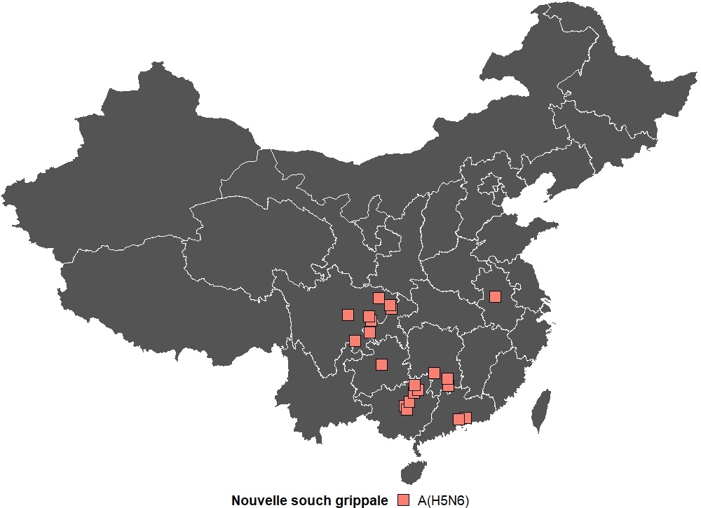 Figure 2&nbsp;: Répartition géographique des cas humains de grippe A(H5N6) signalés en Chine en 2021 (n=21).