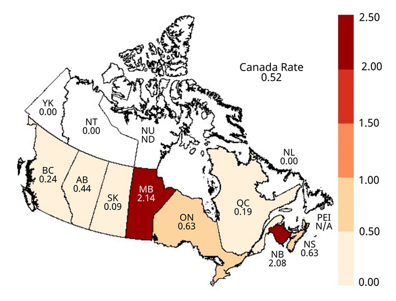 Figure 2. Geographical distribution of rates of reported&nbsp;cases of acute HBV infection across provinces and territories in Canada, CNDSS, 2018