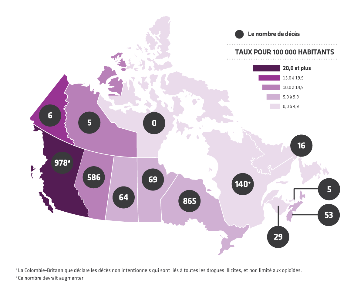Taux de mortalité apparemment liée à la consommation d'opioïdes (par tranche de 100 000 habitants) selon la province ou le territoire en 2016 (au 29 août 2017). Text description follows.