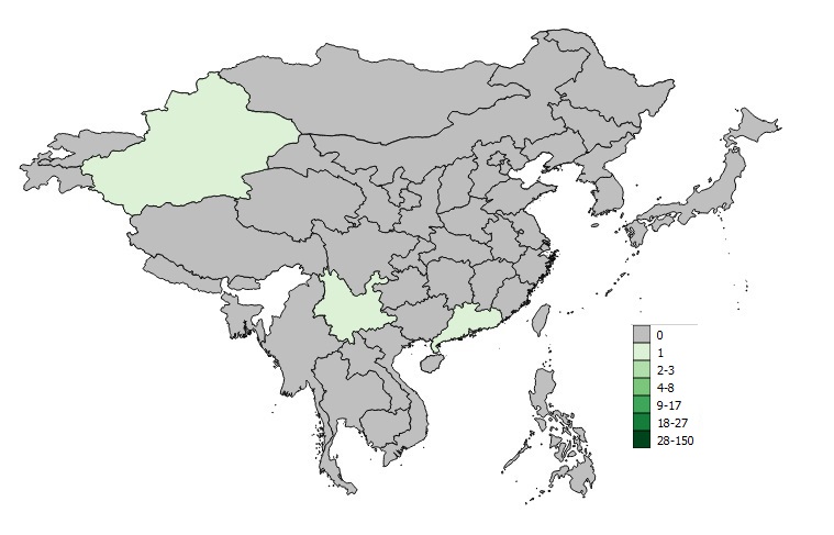 Une figure indiquant la répartition spatiale des cas signalés de la grippe aviaire A(H7N9) en Chine de 1 octobre 2018 au 30 avril 2018.
Description longue
La répartition spatiale des cas déclarés de la grippe aviaire A(H7N9) en le 6e vague entre 1 octobre 2018 et le 30 avril 2018 est présentée dans la figure 2. Entre le 1 octobre 2018 et le 30 avril 2018, 3 cas sont déclarés; les 3 cas de la 6e vague sont répartis dans la province du Guangdong, la région autonome ouïghoure du Xinjiang et la province du Yunnan.
