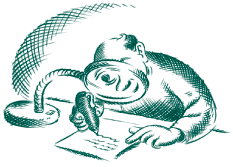 A man using a magnifier to write