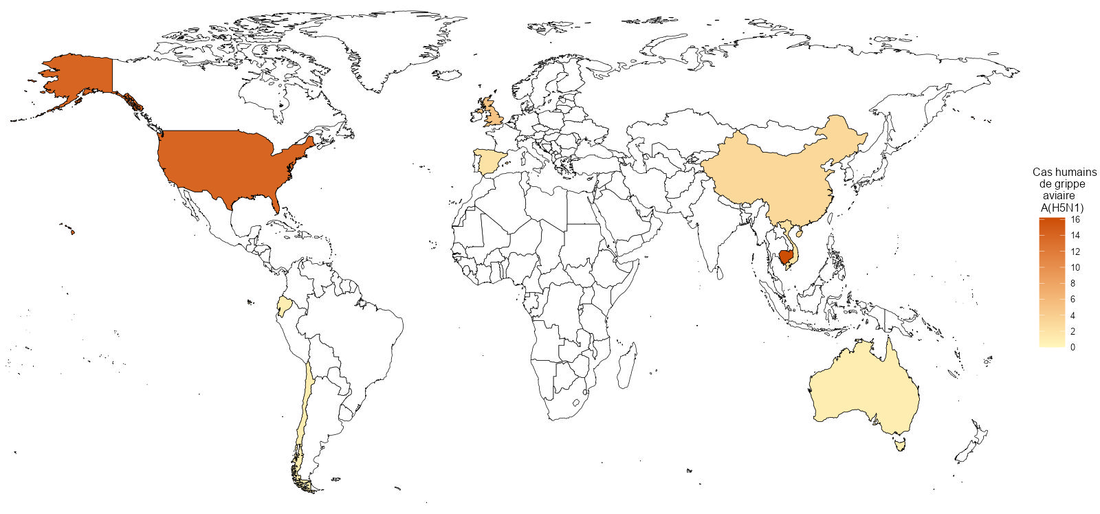 Figure 2. Distribution spatiale des cas humains de grippe A(H5N1) dans le monde du 1er janvier 2022 au 30 septembre 2024 (n=45)