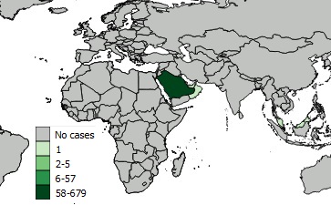 A figure indicating the spatial distribution of reported MERS cases from January 1, 2018 to April 30, 2018.
