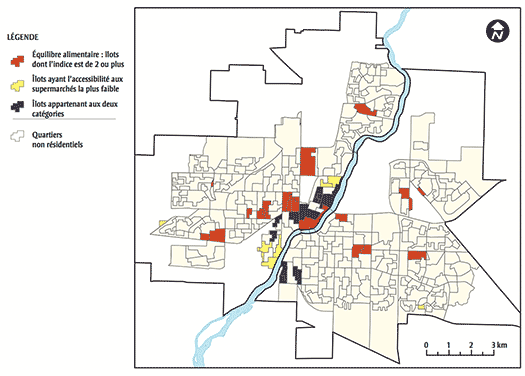FIGURE 9 Zones géographiques socialement défavorisées ayant un pauvre accès aux supermarchés et un pauvre équilibre alimentaire, Saskatoon (Saskatchewan)