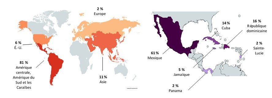 Régions de voyage déclarées en 2016 parmi les cas de Salmonella Enteritidis liés à des voyages à l'étranger dans les sites sentinelles de FoodNet Canada. (source&nbsp;: https://mapchart.net/world.html). Équivalent textuel ci-dessous.
