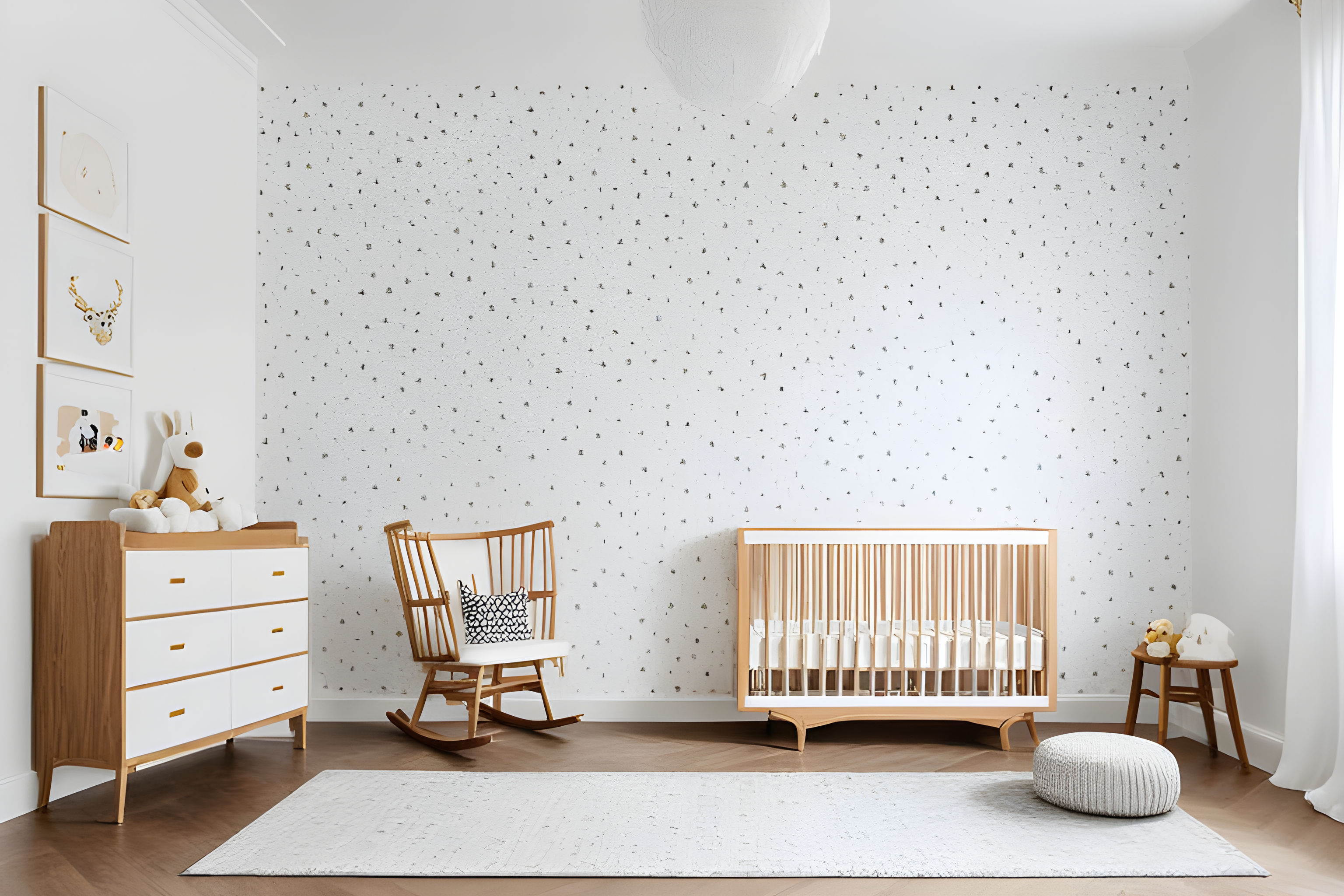 A nursery with an empty crib that is placed away from cords, furniture, windows, and other hazards.